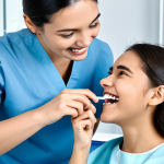 A professional female dental hygienist, wearing a crisp, modest uniform, gently instructs a young adult patient of Italian ethnicity on optimal oral hygiene techniques in a bright, modern dental clinic. The patient, fully clothed in appropriate attire, has a radiant, perfectly aligned smile after completing orthodontic treatment. The hygienist points to a clear dental model or demonstrates using an interdental brush near a clear retainer, emphasizing precise cleaning. The patient attentively listens, holding a small mirror to see their teeth. Soft, diffused lighting, professional photography, high detail, sharp focus, perfect anatomy, correct proportions, natural pose, well-formed hands, proper finger count, natural body proportions, safe for work, appropriate content, fully clothed, professional dress, modest clothing, family-friendly.