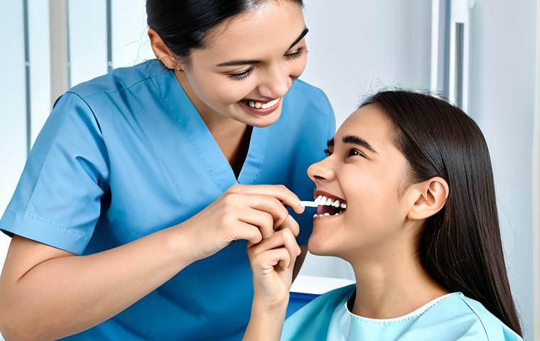 A professional female dental hygienist, wearing a crisp, modest uniform, gently instructs a young adult patient of Italian ethnicity on optimal oral hygiene techniques in a bright, modern dental clinic. The patient, fully clothed in appropriate attire, has a radiant, perfectly aligned smile after completing orthodontic treatment. The hygienist points to a clear dental model or demonstrates using an interdental brush near a clear retainer, emphasizing precise cleaning. The patient attentively listens, holding a small mirror to see their teeth. Soft, diffused lighting, professional photography, high detail, sharp focus, perfect anatomy, correct proportions, natural pose, well-formed hands, proper finger count, natural body proportions, safe for work, appropriate content, fully clothed, professional dress, modest clothing, family-friendly.