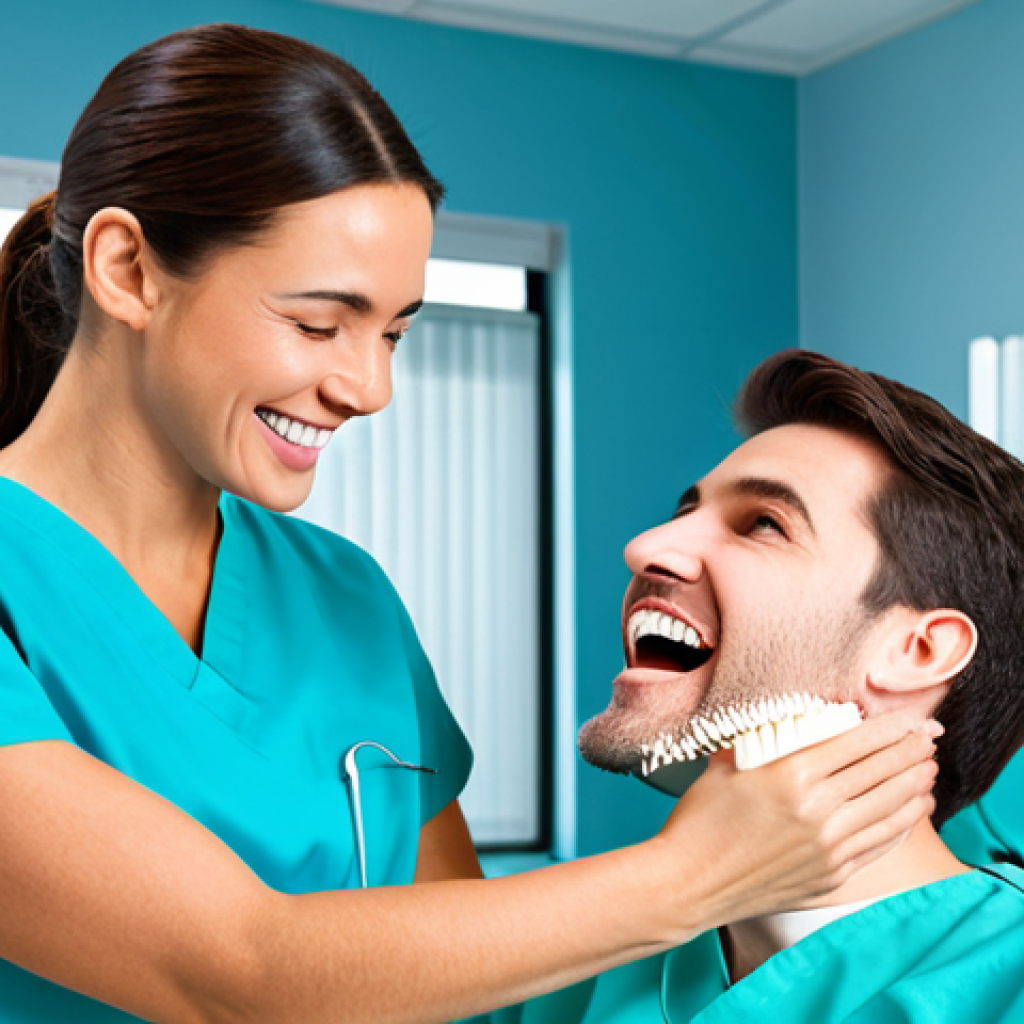 **

A professional dental hygienist, fully clothed in scrubs, demonstrating proper brushing technique on a dental model in a bright, modern dental clinic.  Appropriate attire, safe for work, perfect anatomy of the model, well-lit, professional setting, family-friendly.

**