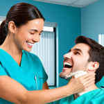 **

A professional dental hygienist, fully clothed in scrubs, demonstrating proper brushing technique on a dental model in a bright, modern dental clinic.  Appropriate attire, safe for work, perfect anatomy of the model, well-lit, professional setting, family-friendly.

**