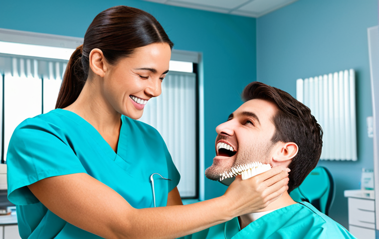 **

A professional dental hygienist, fully clothed in scrubs, demonstrating proper brushing technique on a dental model in a bright, modern dental clinic.  Appropriate attire, safe for work, perfect anatomy of the model, well-lit, professional setting, family-friendly.

**