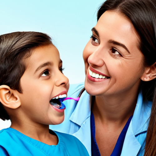Pediatric Dental Hygienist**

"A professional dental hygienist, fully clothed in a clean, modern clinic, gently demonstrates proper brushing techniques to a young Italian child (5-6 years old) with a cheerful expression, appropriate attire, safe for work, perfect anatomy, correct proportions, bright and friendly atmosphere, family-friendly, high-quality digital art."

**