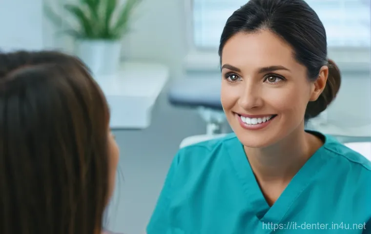 치과위생사 환자 관리 사례 - **Prompt:** "A warm, close-up shot of a female dental hygienist in her late 30s, with a kind and emp...