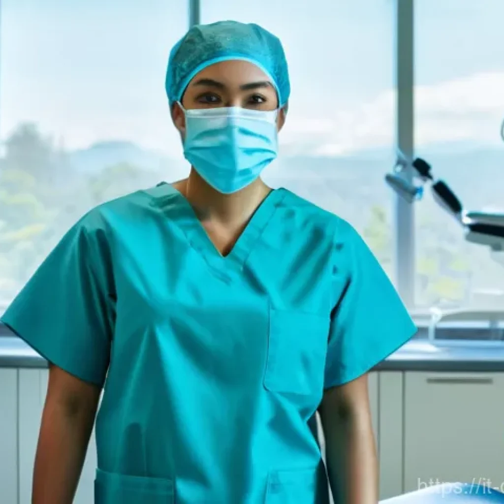 치과위생사 임상 실습 중 자주 묻는 질문 - **Initial Clinic Immersion:** A young dental hygiene student, wearing pristine light blue scrubs, a ...
