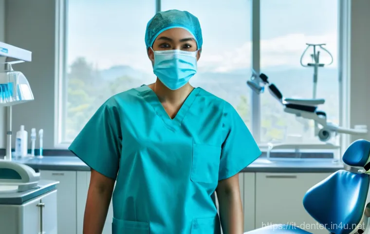 치과위생사 임상 실습 중 자주 묻는 질문 - **Initial Clinic Immersion:** A young dental hygiene student, wearing pristine light blue scrubs, a ...