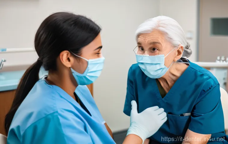 치과위생사 임상 실습 중 자주 묻는 질문 - **Initial Clinic Immersion:** A young dental hygiene student, wearing pristine light blue scrubs, a ...