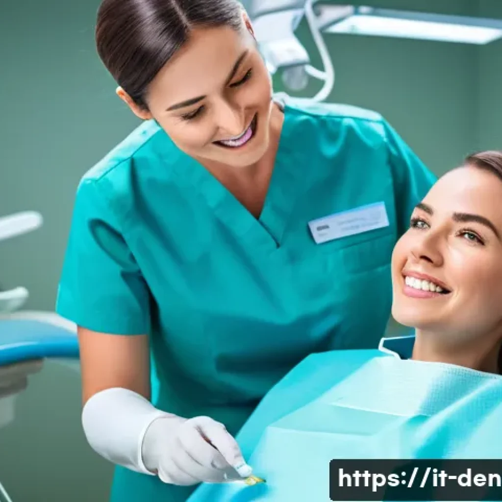 치과위생사 이직 면접 준비 전략 - A highly professional female dental hygienist, with an empathetic expression, wearing a clean, light...
