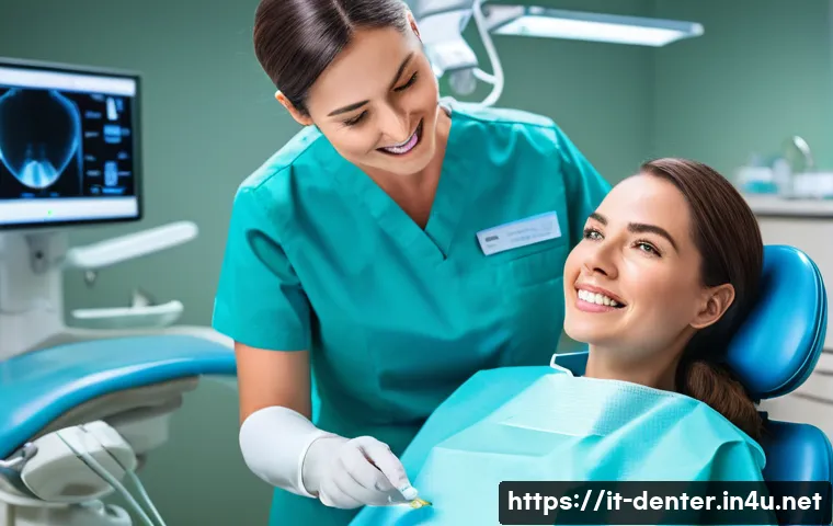 치과위생사 이직 면접 준비 전략 - A highly professional female dental hygienist, with an empathetic expression, wearing a clean, light...