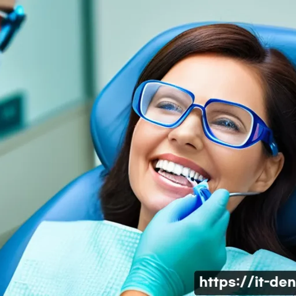 치과위생사 정기 검진 보조 경험담 - **A highly detailed, realistic photo of a professional female dental hygienist, mid-40s, with a warm...