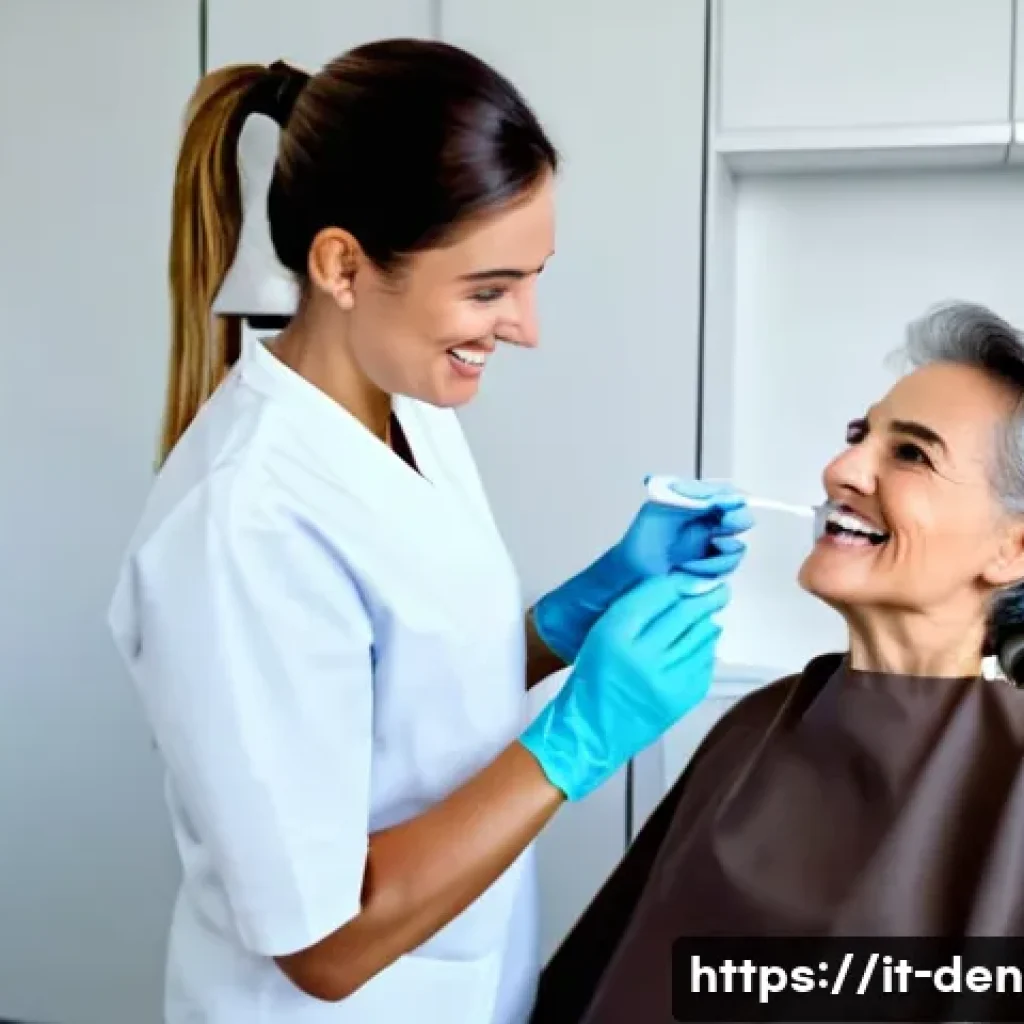치과위생사 실무와 이론 차이 - A professional dental hygienist in a modern Italian dental clinic gently demonstrating the use of an...