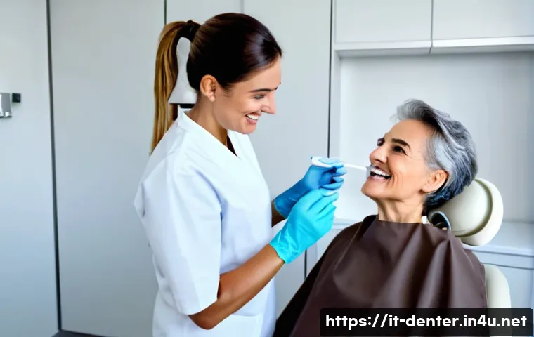치과위생사 실무와 이론 차이 - A professional dental hygienist in a modern Italian dental clinic gently demonstrating the use of an...