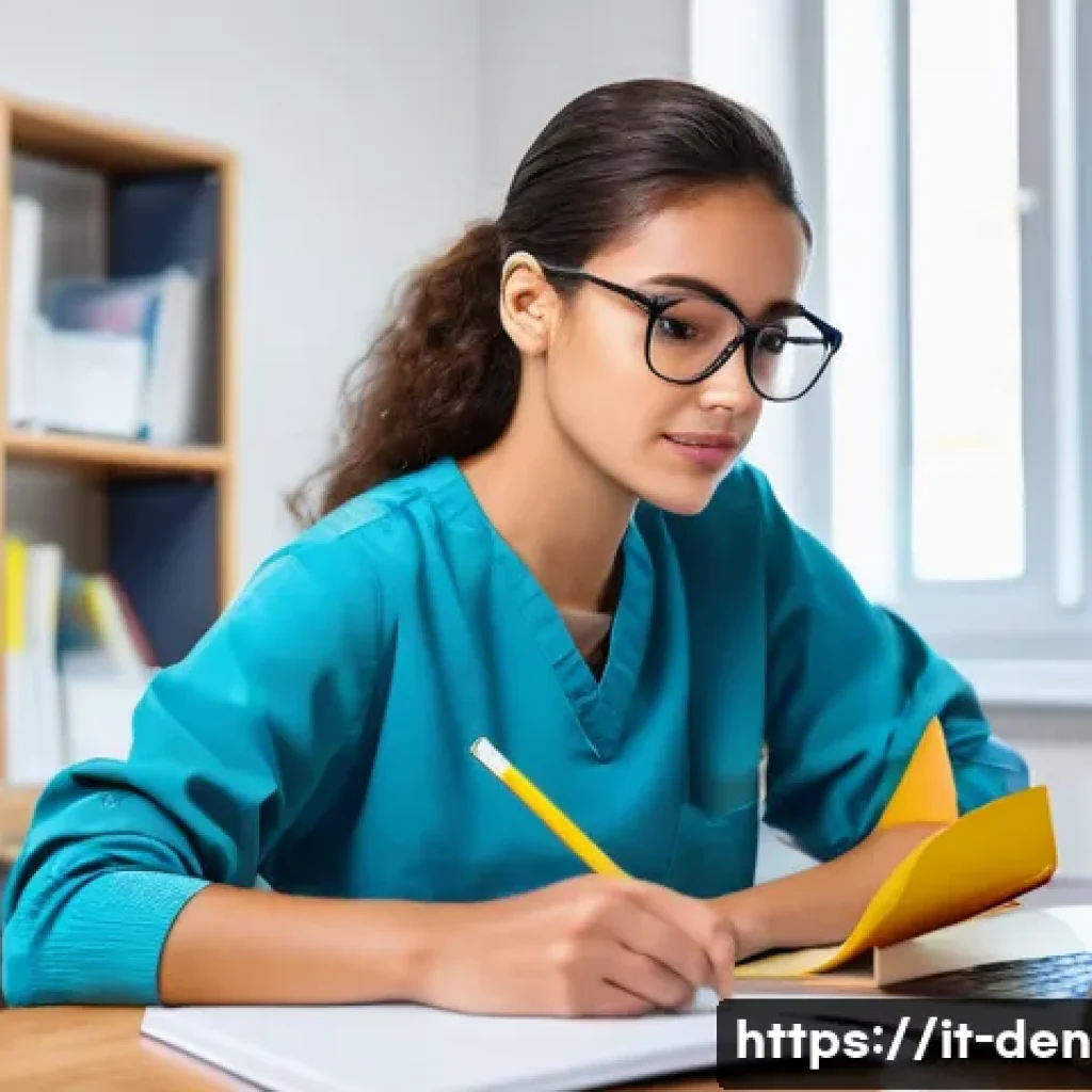 치과위생사 자격시험 후기 모음 - A focused young Italian dental hygienist student studying at a tidy desk with textbooks, notebooks, ...