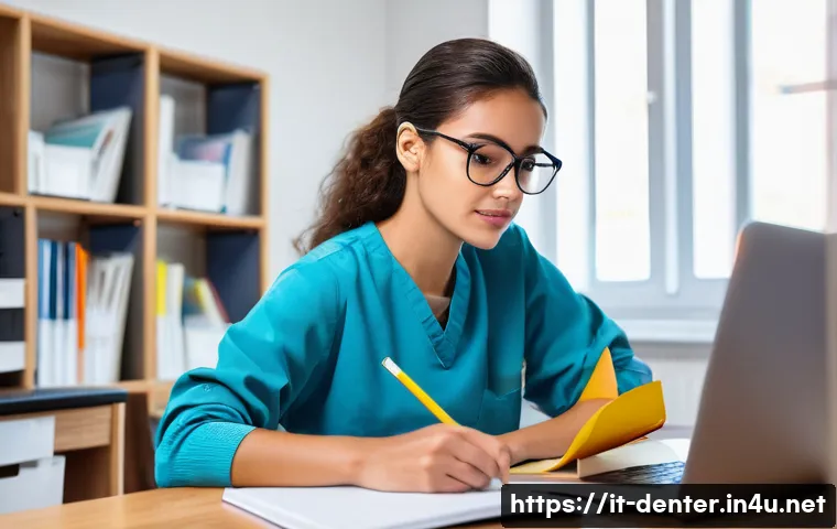 치과위생사 자격시험 후기 모음 - A focused young Italian dental hygienist student studying at a tidy desk with textbooks, notebooks, ...