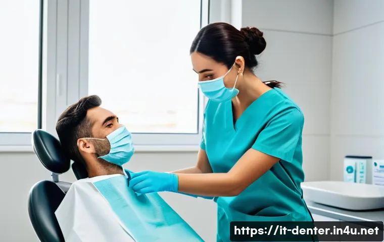 치과위생사 취업 후기 - A professional dental hygienist in a modern Italian dental clinic, wearing clean white scrubs and a ...