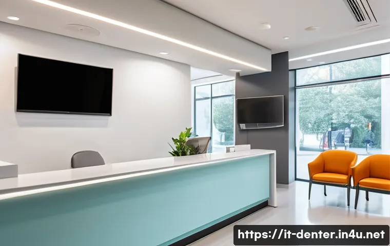 치과위생사 병원 내 환자 관리 시스템 - A bright, modern Italian dental clinic reception area with natural light flooding through large wind...