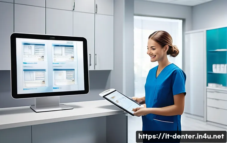 치과위생사 임상 업무 기록법 - A modern dental clinic office showing a sleek, organized digital archiving system on a large touchsc...