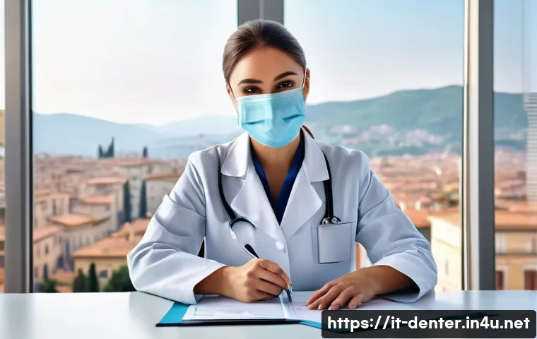 치과위생사 국가고시 면제 사례 - A professional Italian dental hygienist in a modern clinic setting, wearing a clean white lab coat a...