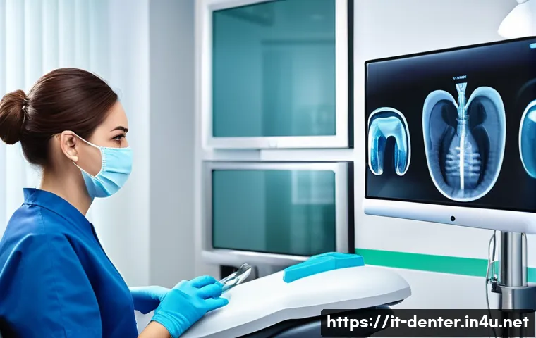 치과위생사 미래 기술 변화 대응법 - A modern dental clinic scene featuring a professional dental hygienist using advanced 3D digital ima...