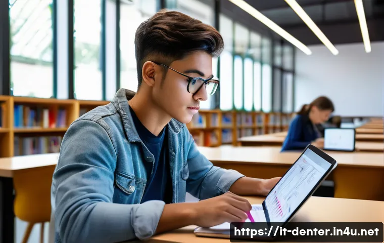 치과위생사 학과 편입 성공 비법 - A focused young adult student studying at a modern Italian university library, surrounded by dental ...