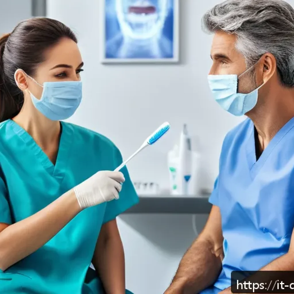 치과위생사 면접 성공 팁 - A professional dental hygienist wearing clean, crisp scrubs and a face mask, demonstrating oral hygi...