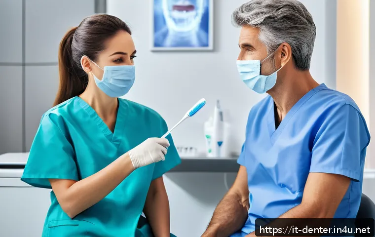 치과위생사 면접 성공 팁 - A professional dental hygienist wearing clean, crisp scrubs and a face mask, demonstrating oral hygi...