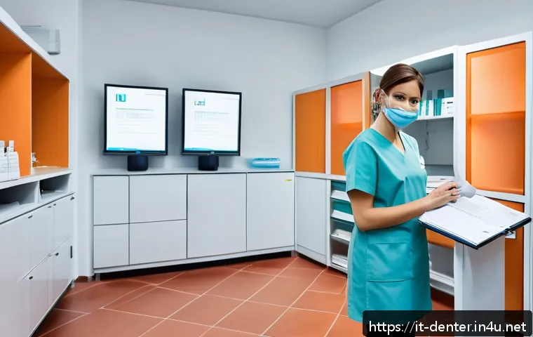 치과위생사 환자 데이터 보안 - A modern dental office reception area in Italy, with a professional dental hygienist wearing a white...