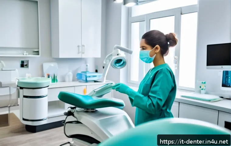 치과위생사 수습 기간 생존 팁 - A modern Italian dental clinic interior during a busy workday, showing a young dental assistant atte...