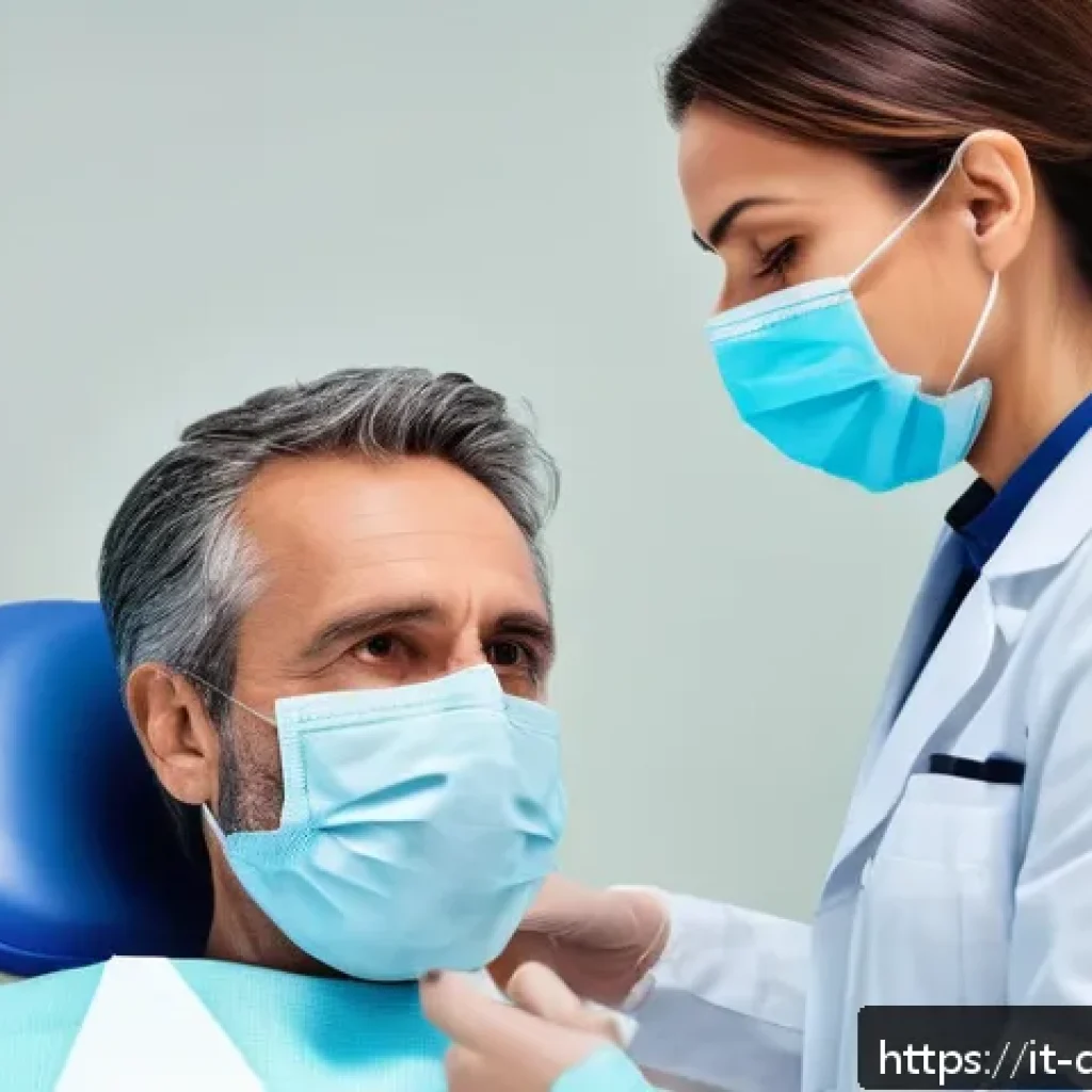 치과위생사 직업 단점과 해결 방법 - A professional dental hygienist in a modern Italian dental clinic, calmly communicating with a middl...