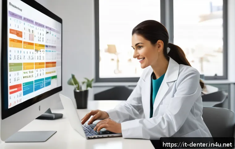 치과위생사 학점 관리 전략 - A professional Italian dental hygienist in a modern clinic office, attentively organizing a personal...