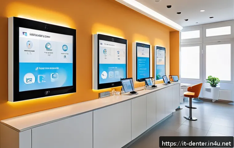 치과위생사 근무시간 관리 노하우 - A modern dental clinic reception area in Italy, showing a sleek digital appointment scheduling scree...