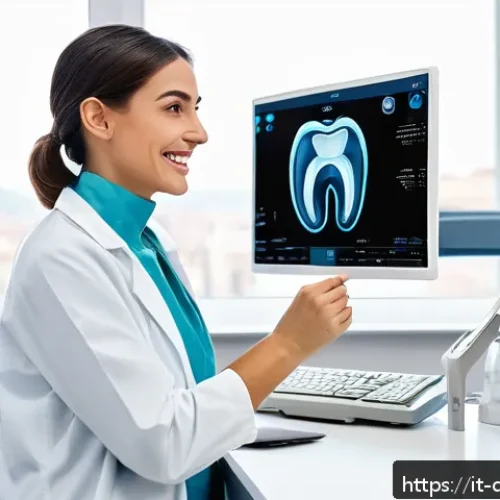 Home 33 치과위생사 연차별 필요 역량 - A modern dental hygienist clinic scene in Italy, showing a professional female dental hygienist in c...
