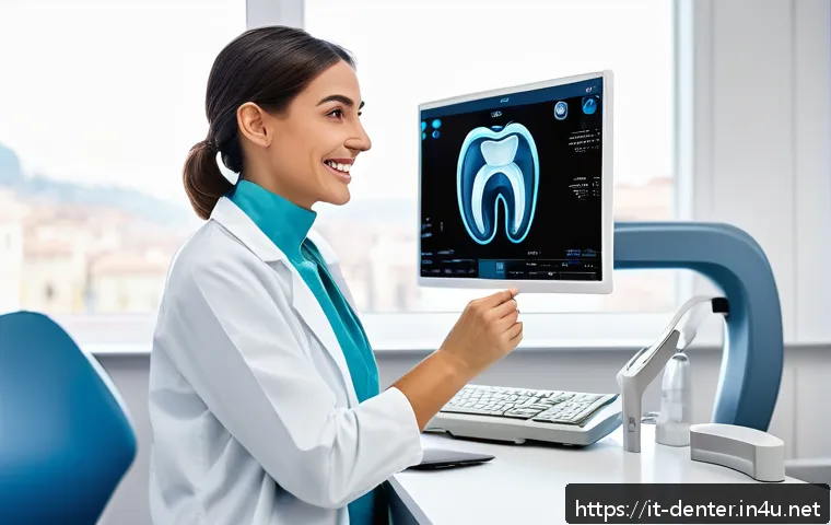 치과위생사 연차별 필요 역량 - A modern dental hygienist clinic scene in Italy, showing a professional female dental hygienist in c...