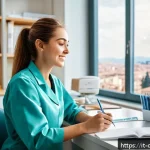 Home 19 치과위생사 필기시험 문제 유형 - A focused Italian dental hygienist student sitting at a desk in a bright, modern study room, surroun...