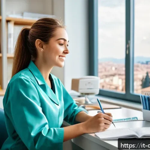 Home 31 치과위생사 필기시험 문제 유형 - A focused Italian dental hygienist student sitting at a desk in a bright, modern study room, surroun...