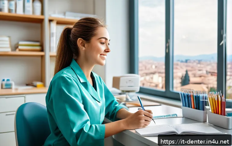 치과위생사 필기시험 문제 유형 - A focused Italian dental hygienist student sitting at a desk in a bright, modern study room, surroun...