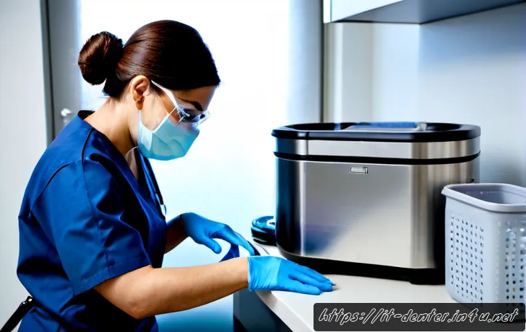 Home 17 치과위생사 장비 소독 프로세스 - Photorealistic Italian dental clinic sterilization room, dental hygienist wearing clean navy scrubs,...