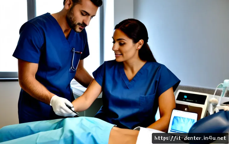 치과위생사 간호팀과의 협업 사례 - Photorealistic Italian dental clinic team collaboration, a dental hygienist in clean navy scrubs cal...