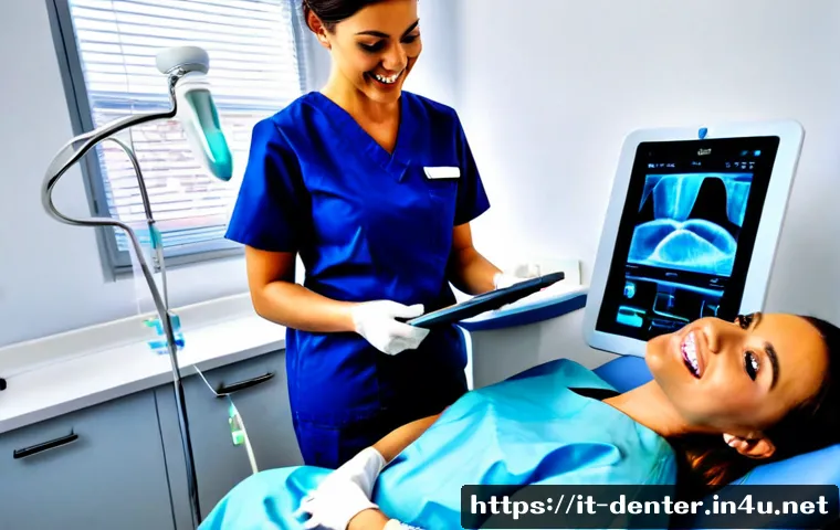 치과위생사 업무 효율화 기술 - Photorealistic modern Italian dental clinic, skilled dental hygienist in clean navy scrubs using a t...