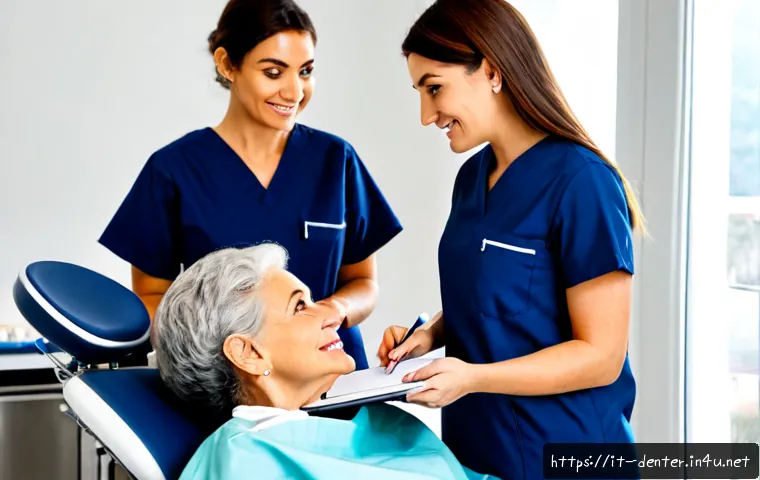 치과위생사 인턴십 경험 공유 - Photorealistic Italian dental hygienist intern in clean navy scrubs discussing clinical experience w...